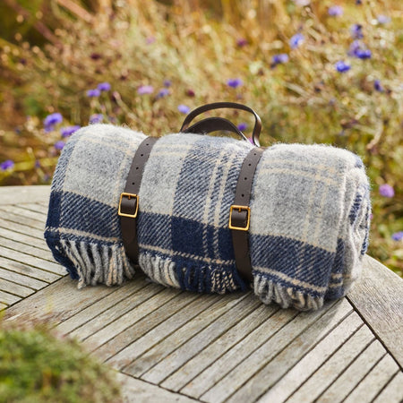 Tweedmill Woven Picnic Blanket with waterproof backing and leather straps to wrap it up and keep it tidy