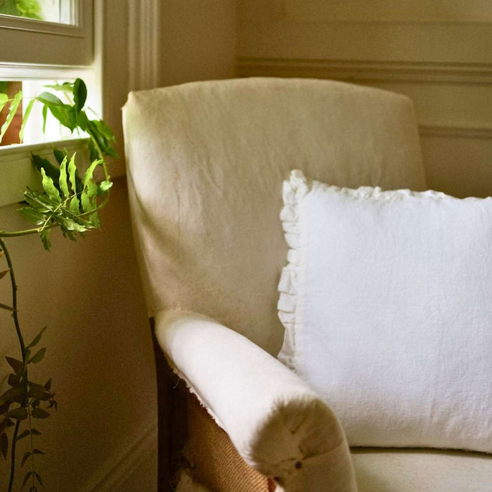 French Frill White Linen Cushion