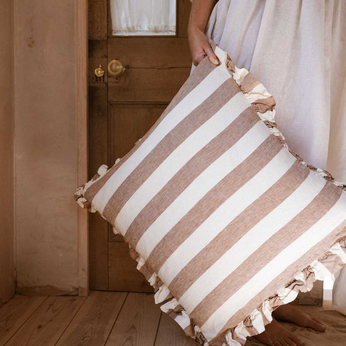 Soft Terracotta Striped Luxury French Frill Cushion - 60 x 60cm