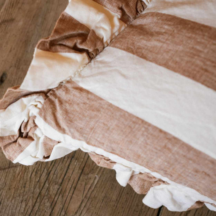 Soft Terracotta Striped Luxury French Frill Cushion - 60 x 60cm