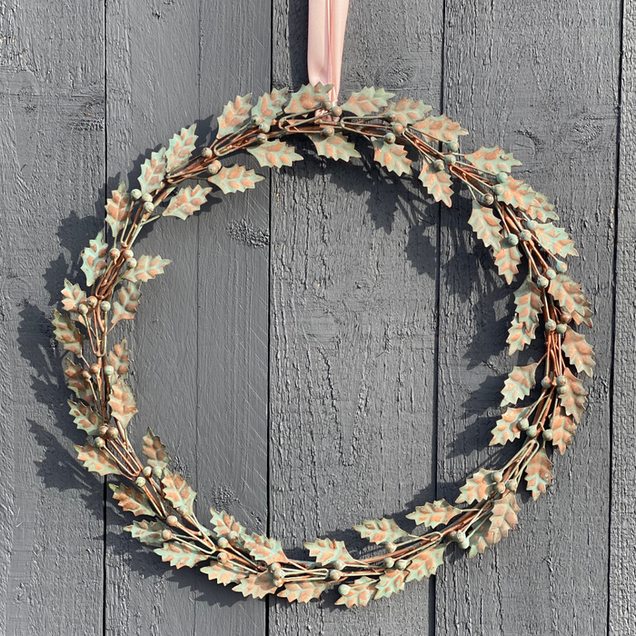 Aged Metal Holly Wreath